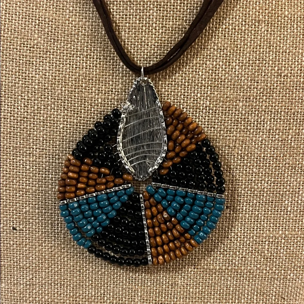 Handcrafted Beaded Pendant Necklace Black Brown Blue with Silver‎ Tone Accents